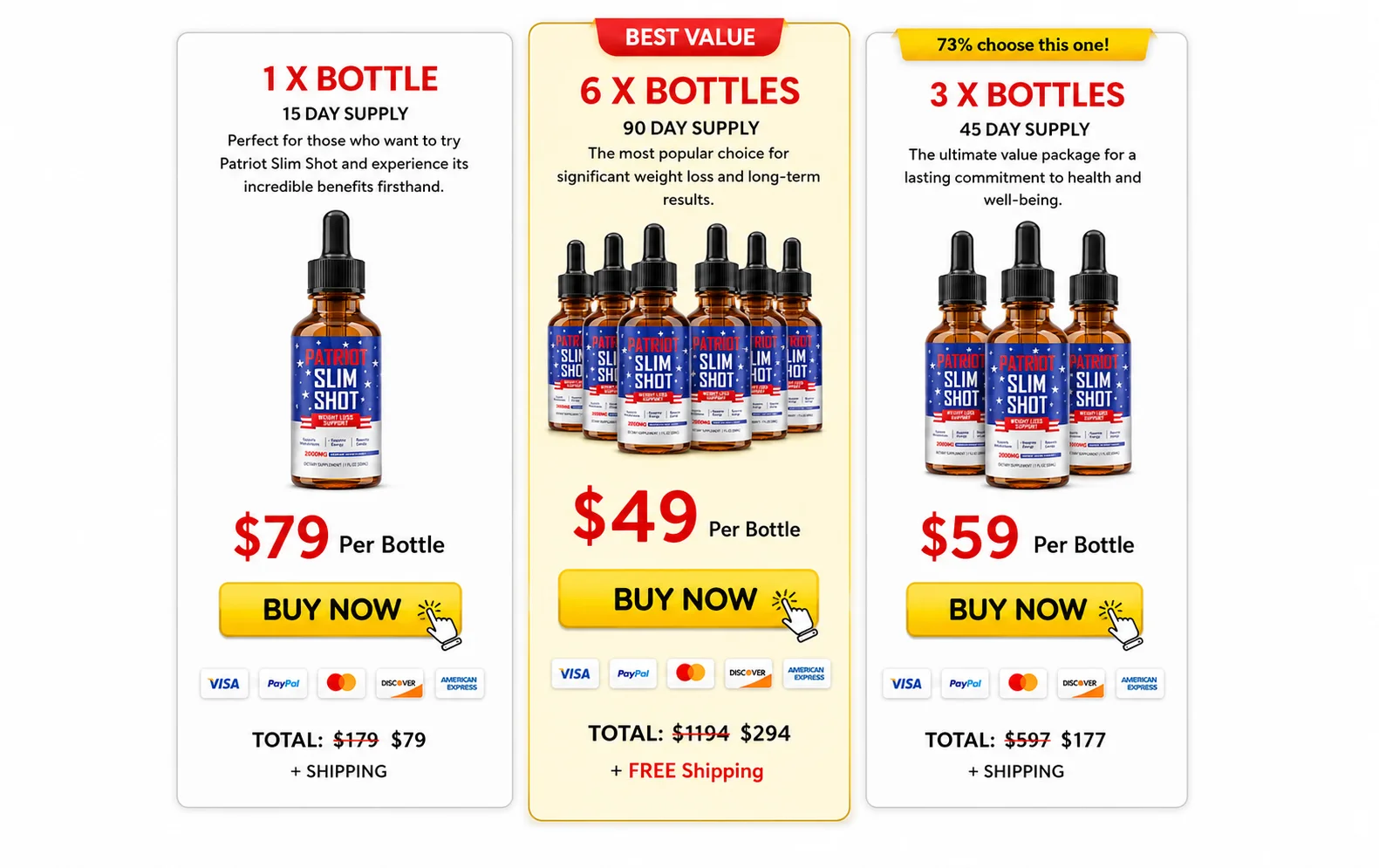 Patriot Slim Shot Official Pricing Packages Showing 1 Bottle, 3 Bottles, and 6 Bottles Options