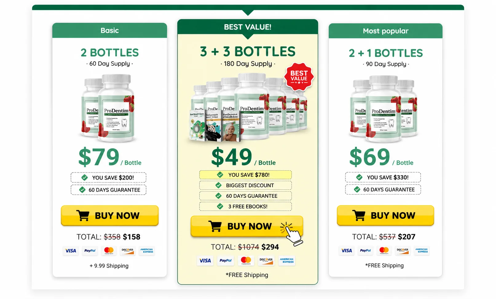 ProDentim Official Pricing Packages Showing 1 Bottle, 3 Bottles, and 6 Bottles Options